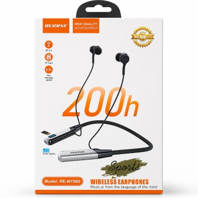 Recrsi RE-NY060 Wireless Neckband  Bluetooth Earphones - 200H  Backup, Fast Charging
